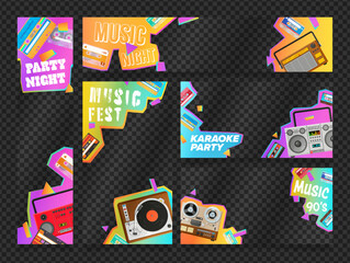 Retro music 90s night party banner mock up with transparent background set vector illustration