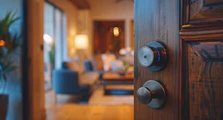 Modern Door Knob and Living Room Interior With Sunset Light