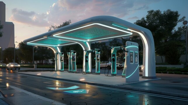 An electric vehicle charging station with multiple charging stations under a modern, illuminated canopy. The station is located in an urban setting with cars and streetlights in the background.