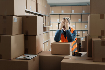 Exhausted sad warehouse worker having a break