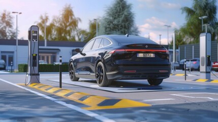 A black electric car is parked at a charging station. The car is plugged in and charging. The charging station is located in a parking lot.