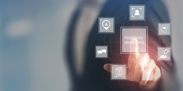 Personal branding concept. Creating and promoting a unique identity, image and reputation. Businessman building a strong personal brand for increasing opportunities, recognition and business success.