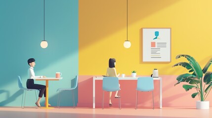 Boring office break room, flat design, side view, dull conversation, animation, Splitcomplementary color scheme