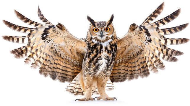 Eagle owl landing with wings open on white background