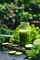 freshly squeezed vegetable juice on the background of the garden. Selective focus