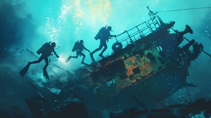 Scuba divers exploring a shipwreck, flat design, front view, mysterious wreckage, water color, Splitcomplementary color scheme
