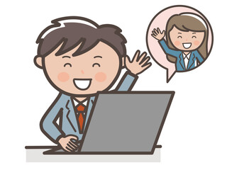 ノートパソコンからリモートで挨拶をする男性ビジネスマンのイラスト