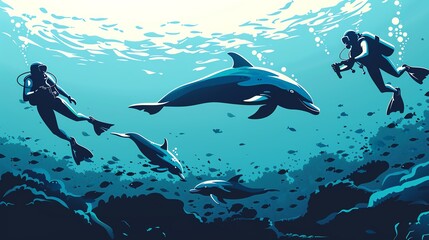 Scuba divers swimming with dolphins, flat design, side view, playful creatures, cartoon drawing, Triadic Color Scheme