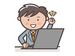 パソコン作業をしながらガッツポーズをする男性ビジネスマンのイラスト