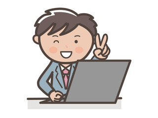 パソコン作業をしながら笑顔でピースをする男性ビジネスマンのイラスト