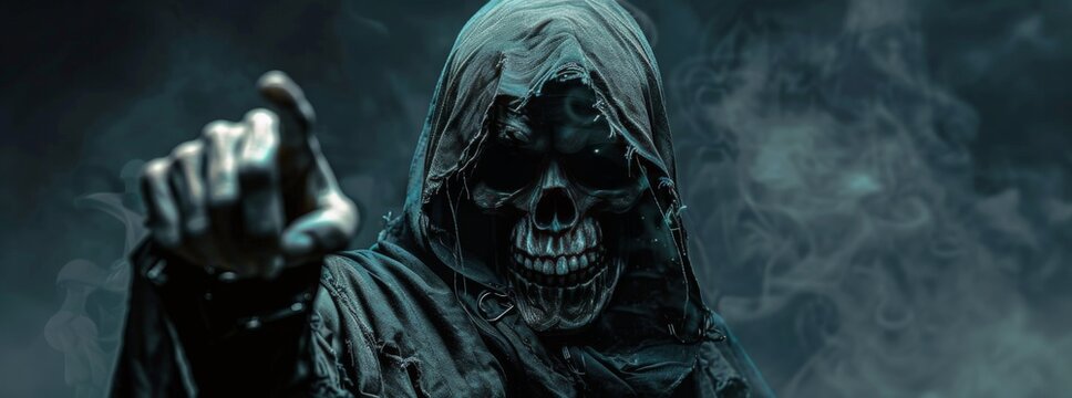 Hooded Figure With Skull Mask Pointing Finger in Dark Smoky Environment