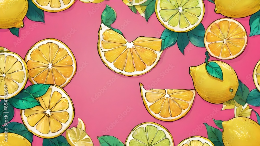 Wall mural A pattern of lemons and leaves with a colorful background. The lemons are sliced and scattered throughout the image