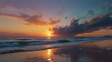 Fototapeta premium a serene beach at sunset with holographic waves washing onto the shore, reflecting the colors of the sky.