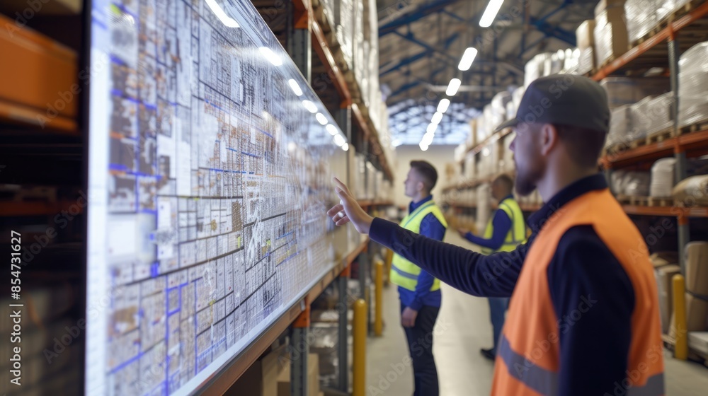 Poster group of professional warehouse worker working together while planning and looking at monitor. smart