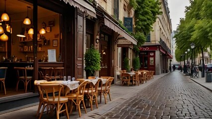 Street cafe in the city, roadside coffeehouse on the street of old European city under open sky, interior design of a restaurant by the street Generative AI