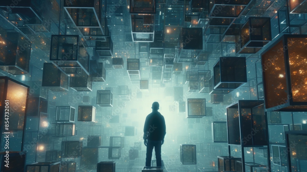 Poster person standing on a surreal landscape with floating geometric shapes. people walks while surrounded