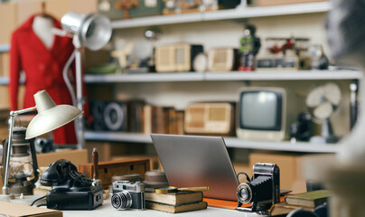 Online sale of antiques and shop interior