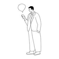 Man looking at phone. Hand drawing. Vector illustration in flat cartoon line style.