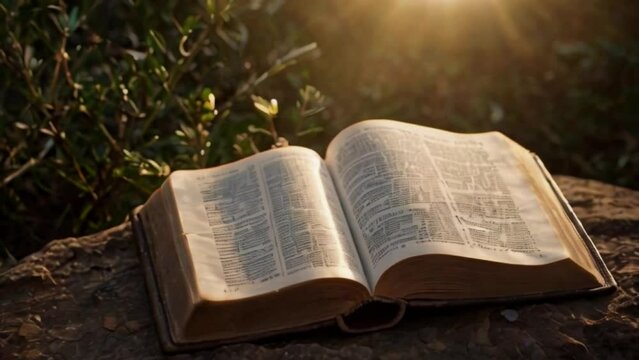 Old book in the woods, ancient religious scripters book on a big rock in the jungle while bright sun rays falling on, religious holy book in the forest bright daylight Generative AI
