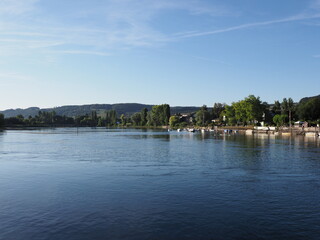 Riverside view to Rhine River in European STEIN AM RHEIN town in SWITZERLAND