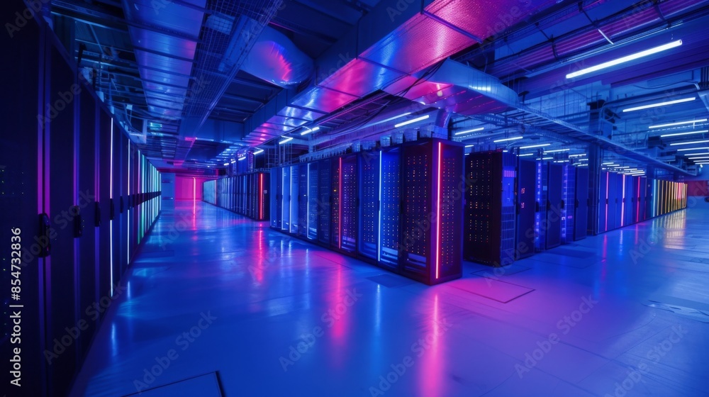 Poster an empty server room with rows of servers illuminated by blue and pink lighting. the floor is shiny 