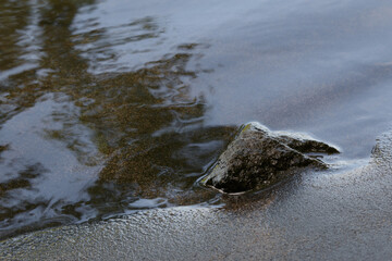 Small rock on beach of calm lake water background