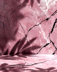 Pink marble and black veins background with sunlight shadows, product presentation space for mockups, digital backdrop