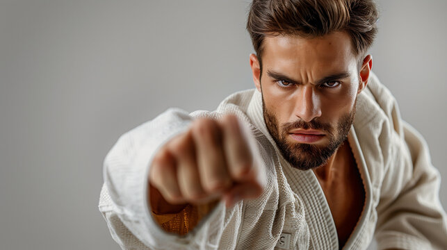 man wear judo outfit with action pose 
