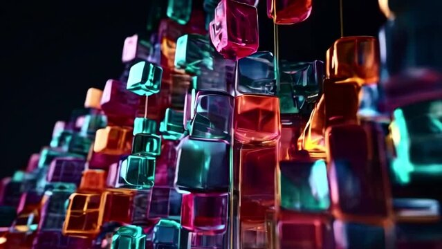 Abstract colorful square shaped plastic jells like shiny rubber falling from above, children toys Generative AI