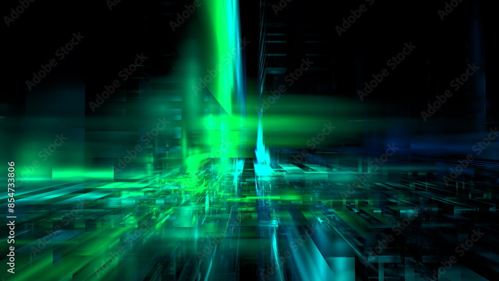 Fototapete Digital data featuring bright green and blue lights overlaying a dark background, creating an abstract and dynamic pattern. 3d render