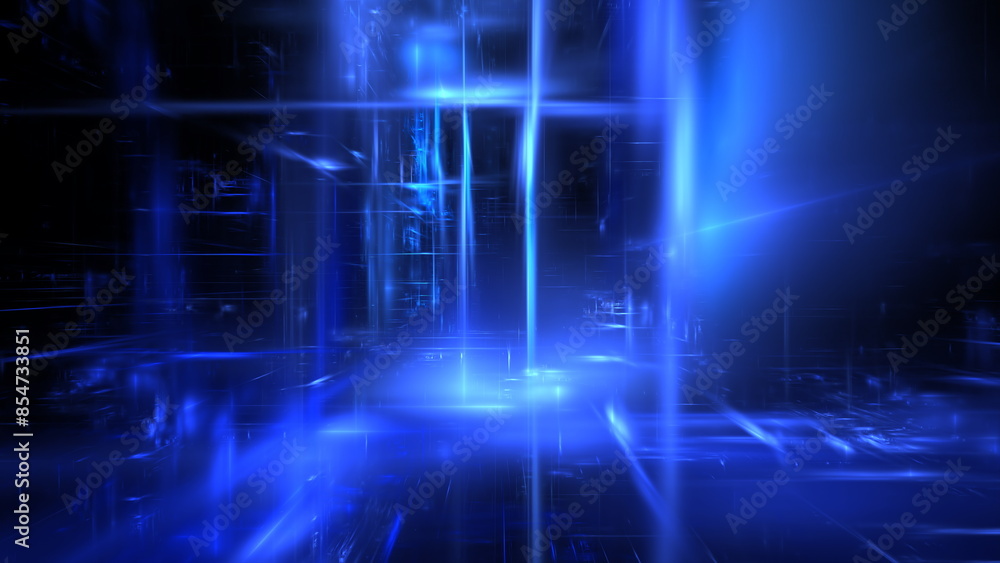Poster abstract image depicting digital space filled with blue light streaks. hi tech digital interior abst