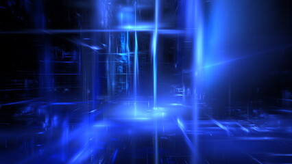 Abstract image depicting digital space filled with blue light streaks. Hi tech digital interior Abstract data center server, depth and movement. 3d render