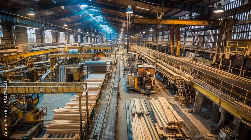 Poster a view from above of a wood processing factory with a long conveyor belt system transporting lumber.