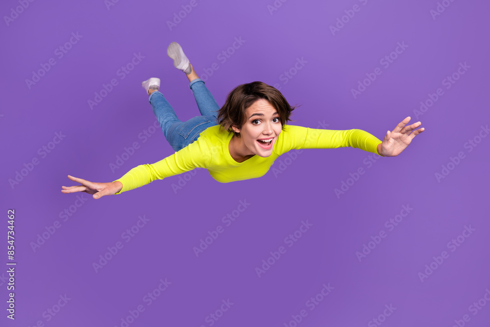 Sticker full body photo of pretty astonished lady flying have good mood empty space podium cube isolated on 