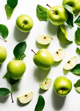 Many fresh organic apples on the branch on white background, apples background. Vegetarian food concept