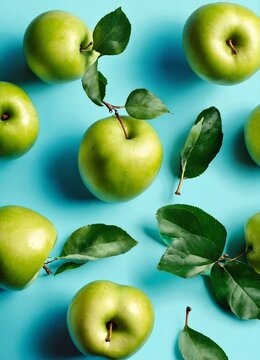 Many fresh organic apples on the branch on blue background, apples background. Vegetarian food concept