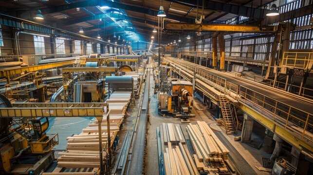 A view from above of a wood processing factory with a long conveyor belt system transporting lumber. The factory is well-lit and has a variety of machinery and equipment.