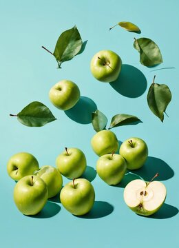 Many fresh organic apples on the branch on blue background, apples background. Vegetarian food concept