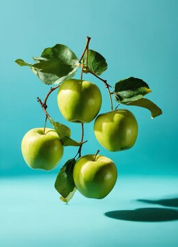 Lavitation of many fresh organic apples on the branch on blue background, apples background. Vegetarian food concept