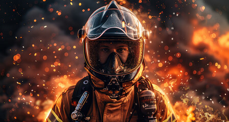 Fototapeta premium Firefighter in full gear with helmet and protective suit standing against a dark background, with sparks flying around him. Generative AI.