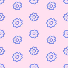 Vector floral seamless pattern. Cute small blue flowers in hand drawn style. Daisies. Retro vibe. Cottage core. Design for fabric, wallpaper, wrapping paper, cover, poster, invitation