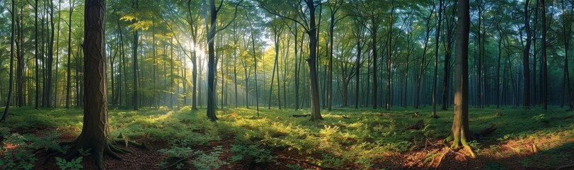 Fototapeta premium Sunbeams Shining Through Tall Trees in a Lush Green Forest