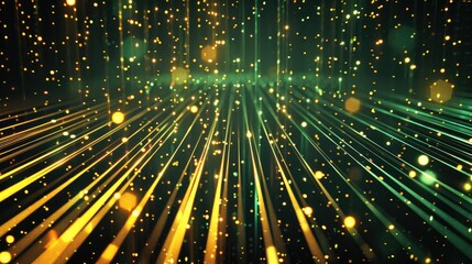 Pixelated lines in gold and neon green against a black digital background, retro and modern. Generative AI.