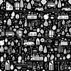 Seamless pattern with hand drawn trees, houses, cars and other elements.