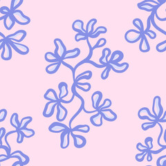 Vector floral seamless pattern. Abstract blue flowers on a stem in hand drawn style. Cottage core. Design for fabric, wallpaper, wrapping paper, cover, poster, invitation