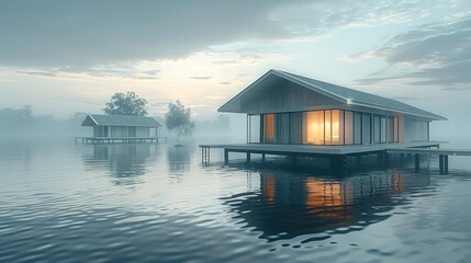 A serene lake with minimalist houses built on stilts over the water. Generative AI.