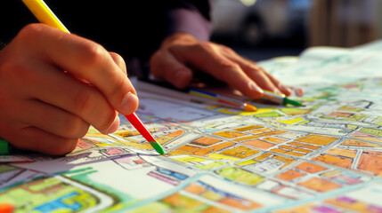 Urban planner analyzing city map and zoning areas with colored markers to strategize future developments.