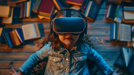 Child wearing virtual reality headset surrounded by books experiencing interactive learning. Exploring new technology in education.