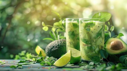 freshly squeezed avocado juice on the background of the garden. Selective focus