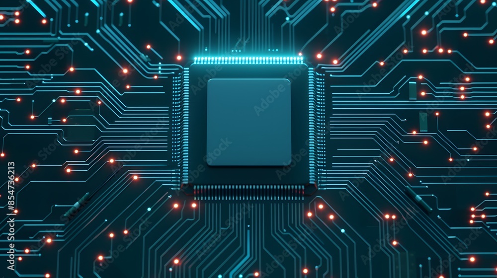 Poster close-up of a microchip on a blue circuit board with glowing lines, representing technology, innovat